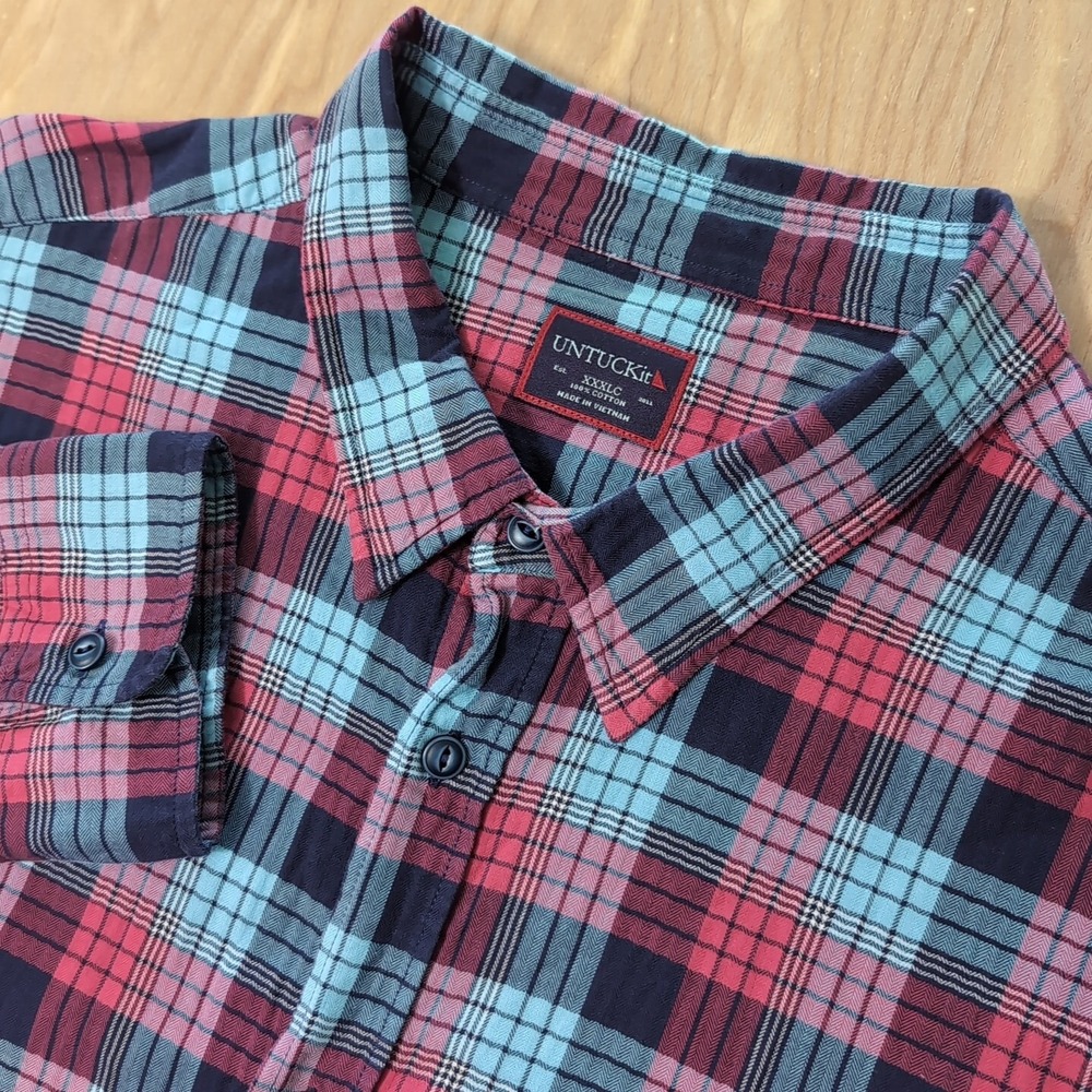 UNTUCKit Button Down Dress Shirt Mens 3XLC Red Blue Plaid Harringbone Pattern
